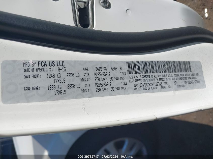 2016 Dodge Journey Se VIN: 3C4PDCABXGT132345 Lot: 39782717