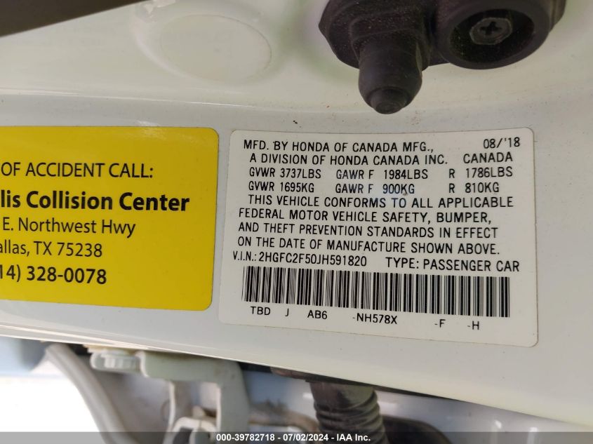 2018 Honda Civic Lx VIN: 2HGFC2F50JH591820 Lot: 39782718