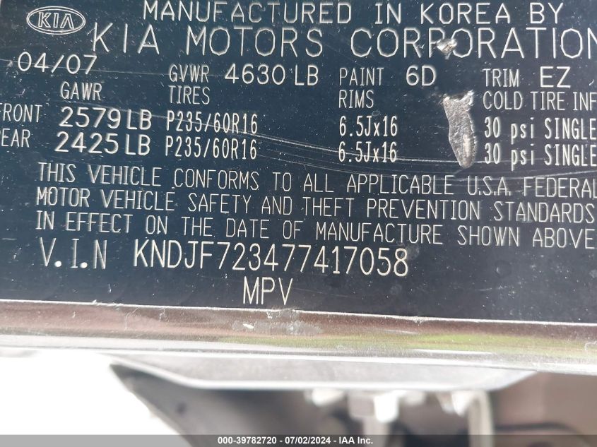 2007 Kia Sportage Lx V6 VIN: KNDJF723477417058 Lot: 39782720