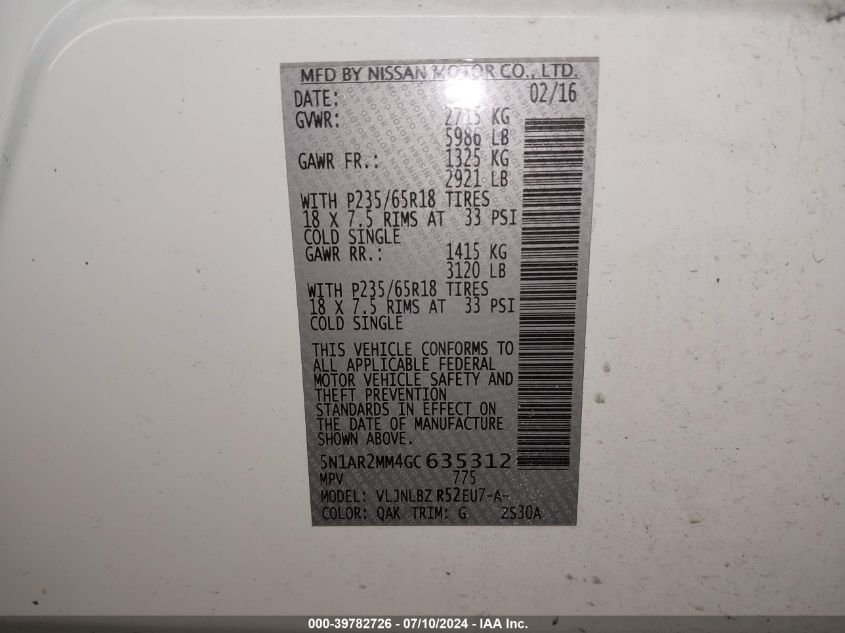 2016 Nissan Pathfinder Platinum/S/Sl/Sv VIN: 5N1AR2MM4GC635312 Lot: 39782726