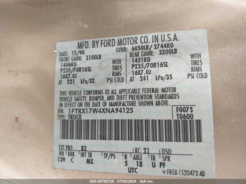 1999 Ford F-150 Lariat/Work Series/Xl/Xlt VIN: 1FTRX17W4XNA94125 Lot: 39782729
