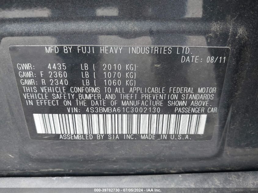 2012 Subaru Legacy 2.5I VIN: 4S3BMBA61C3002130 Lot: 39782730