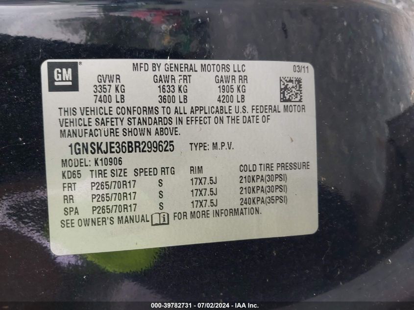 2011 Chevrolet Suburban 1500 Lt1 VIN: 1GNSKJE36BR299625 Lot: 39782731