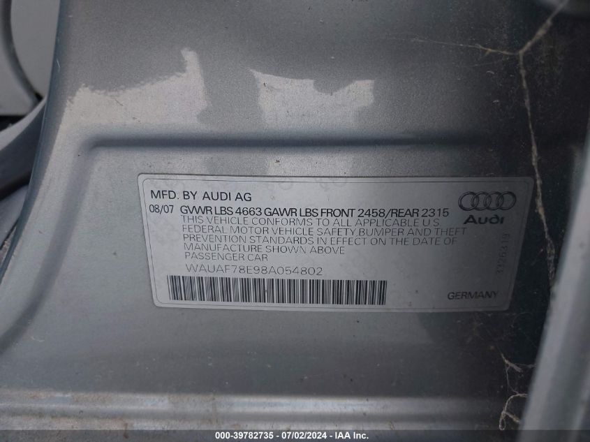 WAUAF78E98A054802 | 2008 AUDI A4