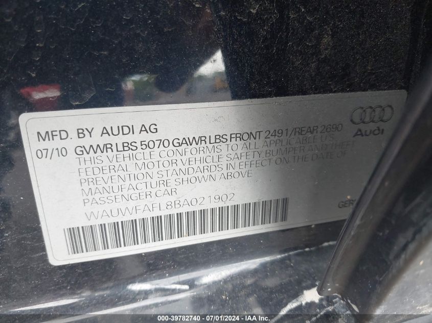 2011 Audi A4 2.0T Premium VIN: WAUWFAFL8BA021902 Lot: 39782740