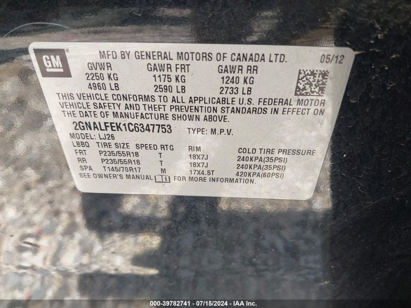 2012 Chevrolet Equinox Ltz VIN: 2GNALFEK1C6347753 Lot: 39782741