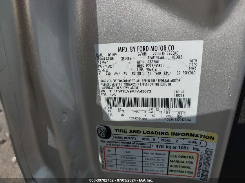 2010 Ford F-150 Fx4/Harley-Davidson/King Ranch/Lariat/Platinum/Xl/Xlt VIN: 1FTFW1EV9AFA43673 Lot: 39782752