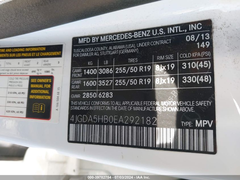 2014 Mercedes-Benz Ml 350 4Matic VIN: 4JGDA5HB0EA292182 Lot: 39782754