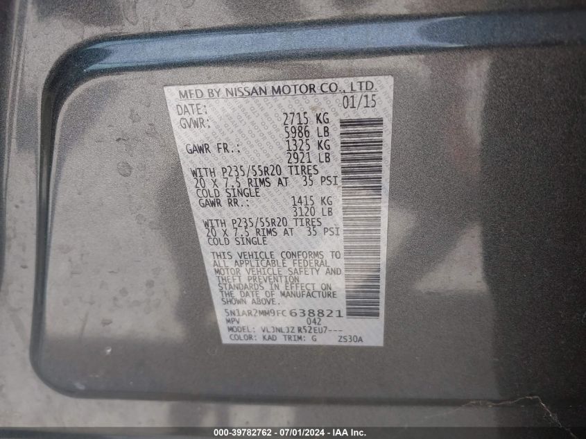 2015 Nissan Pathfinder Platinum VIN: 5N1AR2MM9FC638821 Lot: 39782762