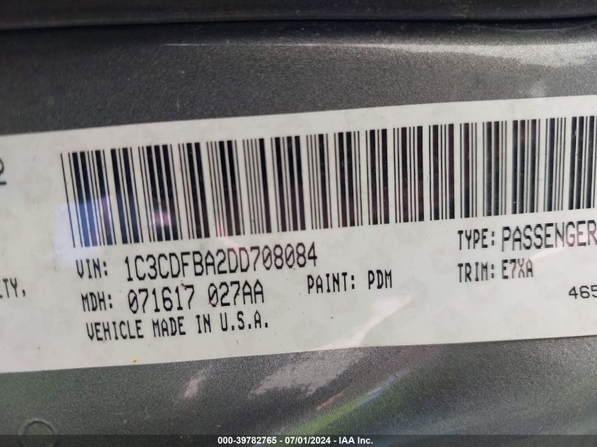 2013 Dodge Dart Sxt/Rallye VIN: 1C3CDFBA2DD708084 Lot: 39782765