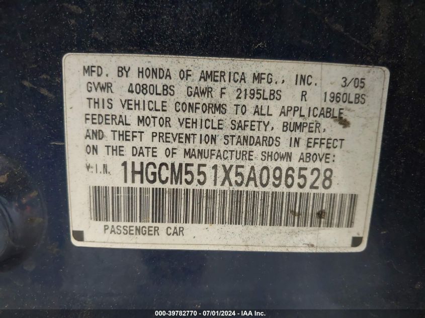 2005 Honda Accord 2.4 Dx VIN: 1HGCM551X5A096528 Lot: 39782770
