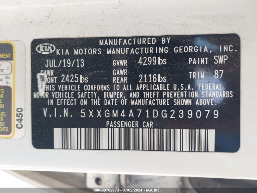 2013 Kia Optima Lx VIN: 5XXGM4A71DG239079 Lot: 39782773