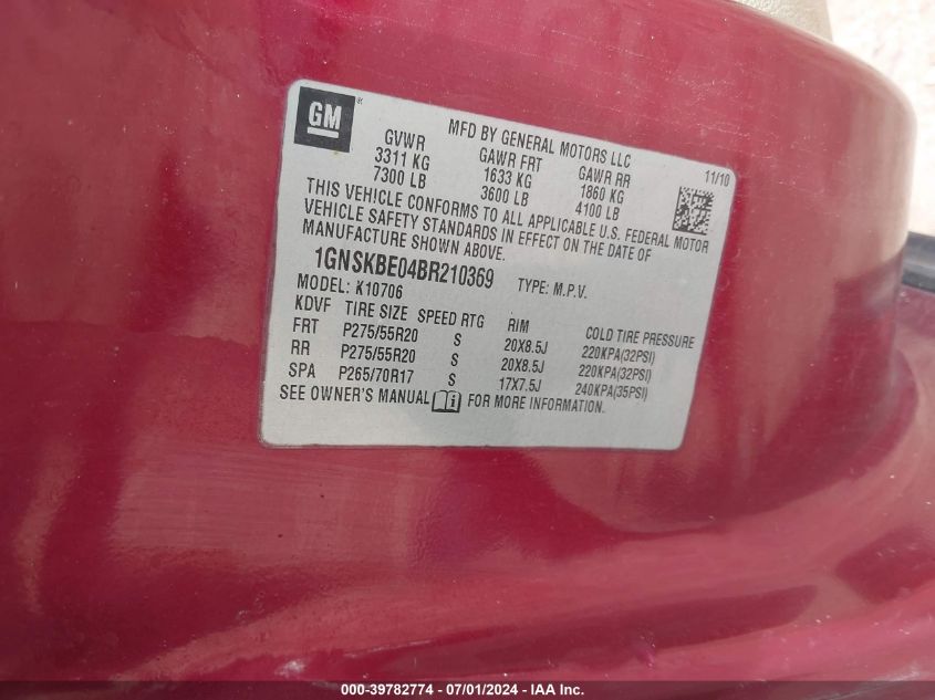 2011 Chevrolet Tahoe Lt VIN: 1GNSKBE04BR210369 Lot: 39782774
