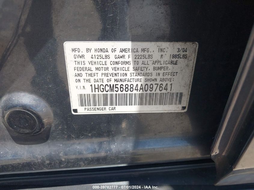 2004 Honda Accord 2.4 Ex VIN: 1HGCM56884A097641 Lot: 39782777