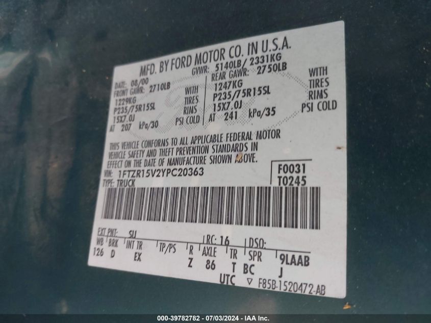 2000 Ford Ranger Super Cab VIN: 1FTZR15V2YPC20363 Lot: 39782782