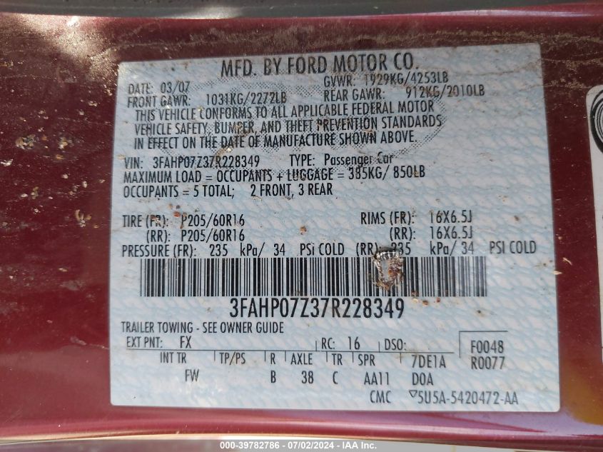 2007 Ford Fusion Se VIN: 3FAHP07Z37R228349 Lot: 39782786