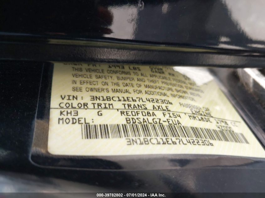 2007 Nissan Versa 1.8Sl VIN: 3N1BC11E67L422306 Lot: 39782802