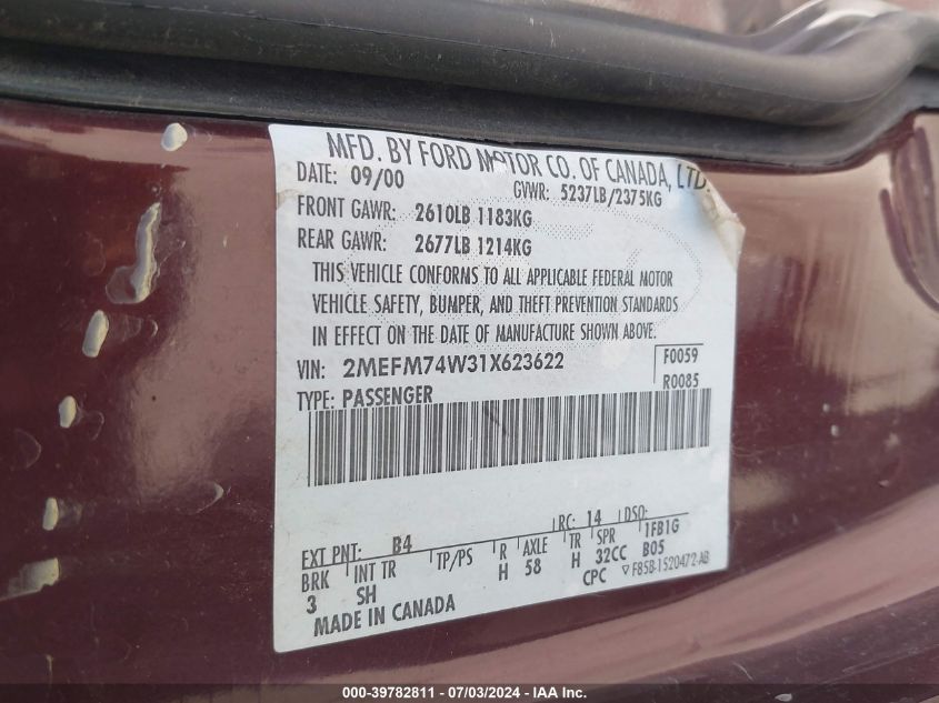 2001 Mercury Grand Marquis Gs VIN: 2MEFM74W31X623622 Lot: 39782811