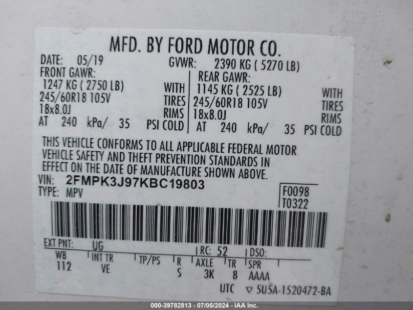 2019 Ford Edge Sel VIN: 2FMPK3J97KBC19803 Lot: 39782813