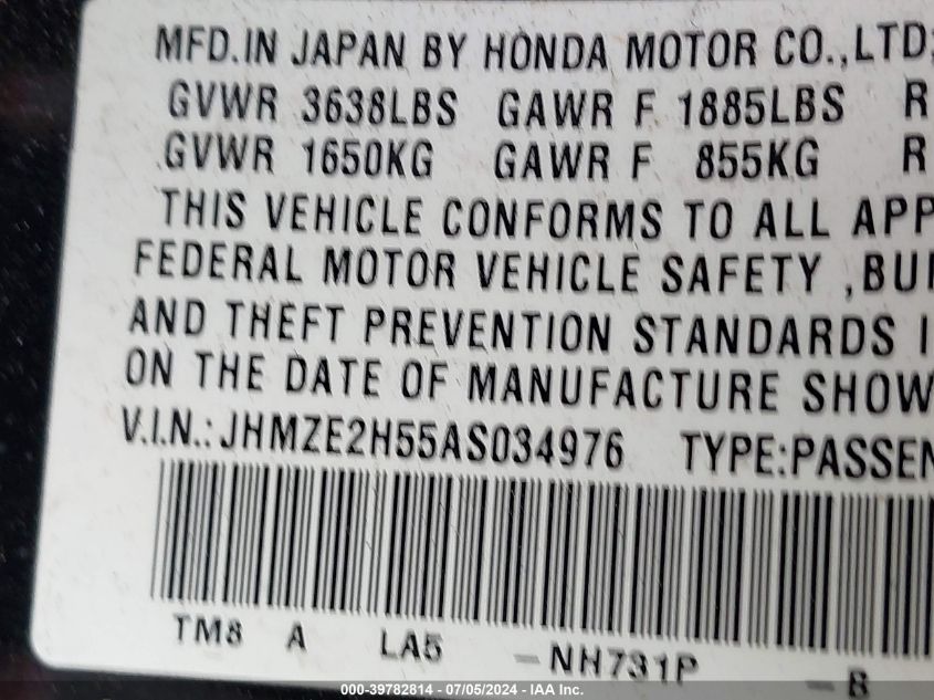 2010 Honda Insight Lx VIN: JHMZE2H55AS034976 Lot: 39782814