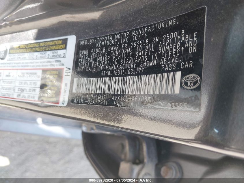 2014 Toyota Avalon Hybrid Limited VIN: 4T1BD1EB4EU035777 Lot: 39782820