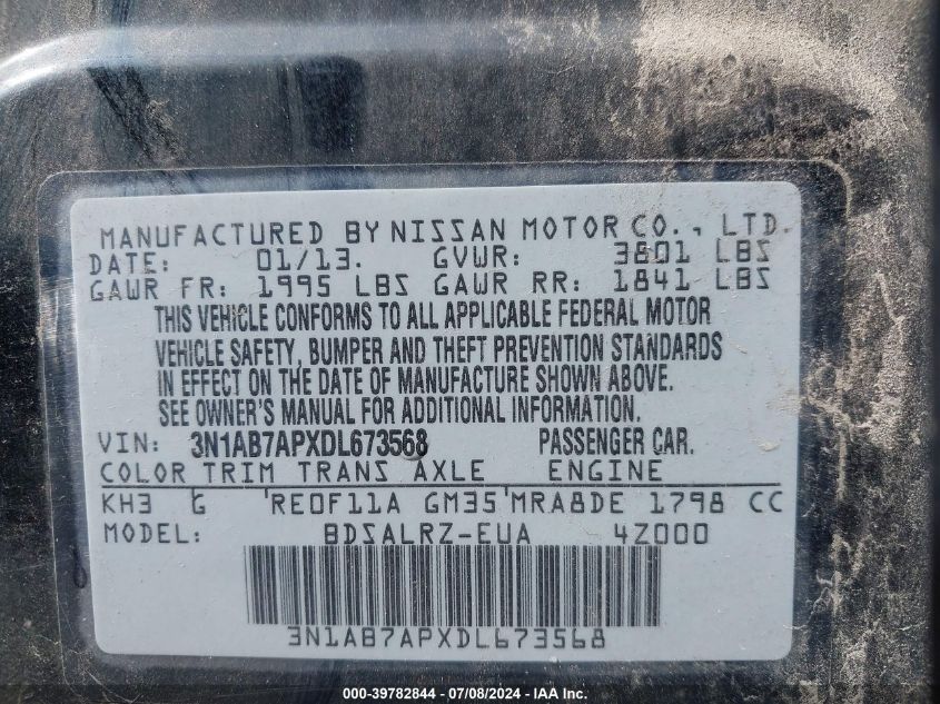 2013 Nissan Sentra Sr VIN: 3N1AB7APXDL673568 Lot: 39782844