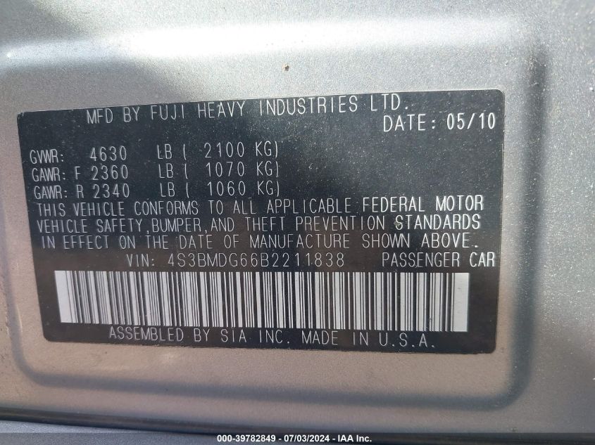 2011 Subaru Legacy 3.6R Premium VIN: 4S3BMDG66B2211838 Lot: 39782849