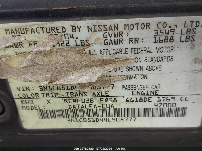 2004 Nissan Sentra 1.8S VIN: 3N1CB51D44L905777 Lot: 39782880