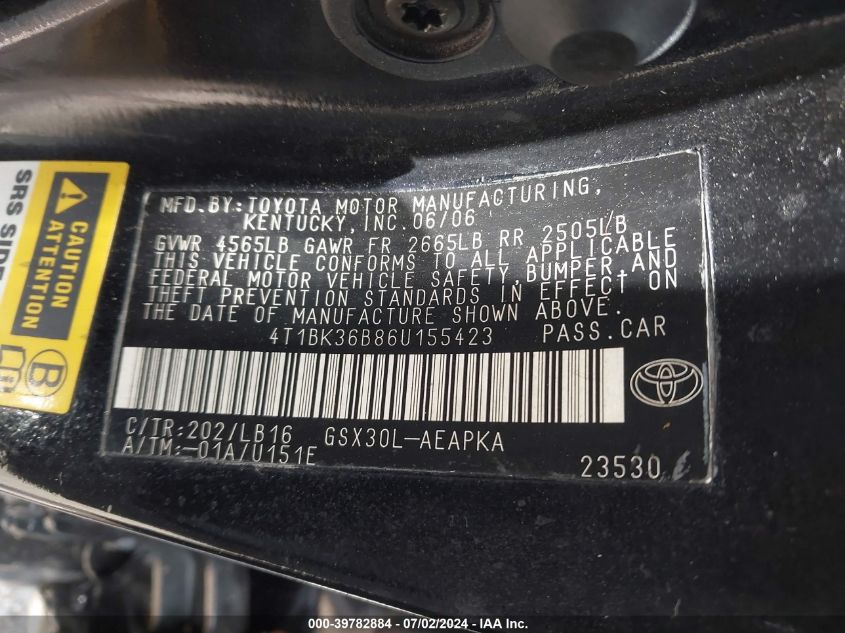 2006 Toyota Avalon Xl/Xls/Touring/Limited VIN: 4T1BK36B86U155423 Lot: 39782884