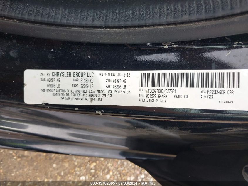 2012 Dodge Avenger Se VIN: 1C3CDZAB8CN227681 Lot: 39782885