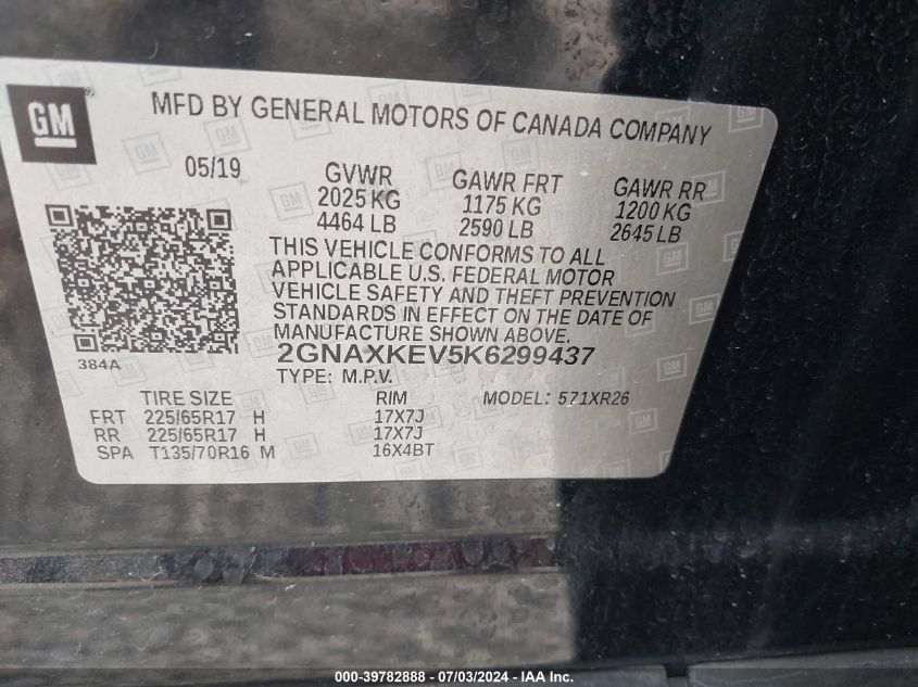 2019 Chevrolet Equinox Lt VIN: 2GNAXKEV5K6299437 Lot: 39782888
