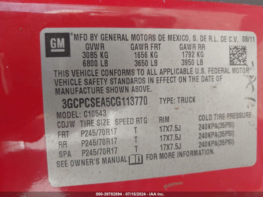 2012 Chevrolet Silverado 1500 Lt VIN: 3GCPCSEA5CG113770 Lot: 39782894