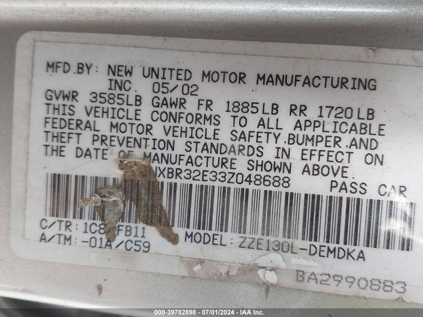 2003 Toyota Corolla Ce VIN: 1NXBR32E33Z048688 Lot: 39782898