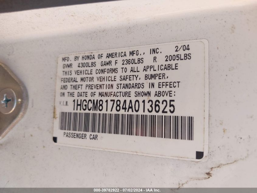 2004 Honda Accord 3.0 Ex VIN: 1HGCM81784A013625 Lot: 39782922