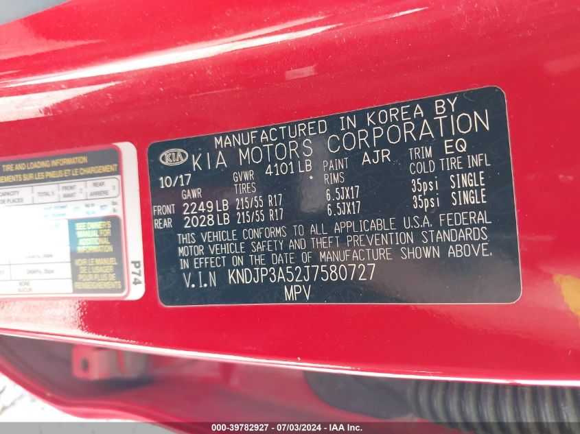 2018 Kia Soul + VIN: KNDJP3A52J7580727 Lot: 39782927
