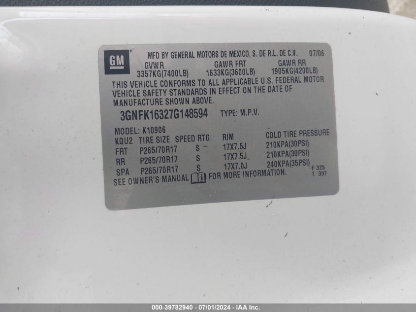 2007 Chevrolet Suburban 1500 Lt VIN: 3GNFK16327G148594 Lot: 39782940