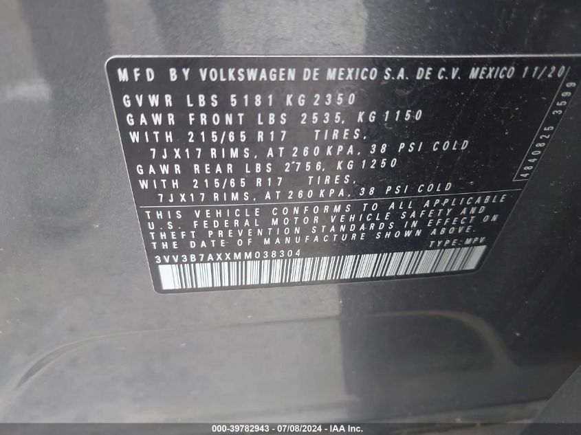 2021 Volkswagen Tiguan 2.0T Se/2.0T Se R-Line Black/2.0T Sel VIN: 3VV3B7AXXMM038304 Lot: 39782943