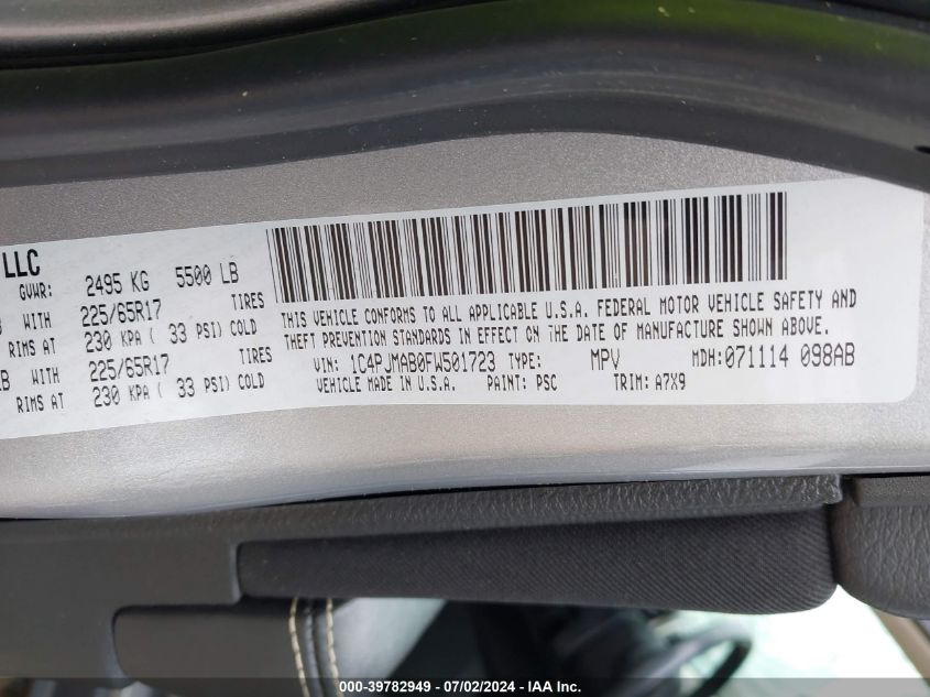 2015 Jeep Cherokee Sport VIN: 1C4PJMAB0FW501723 Lot: 39782949