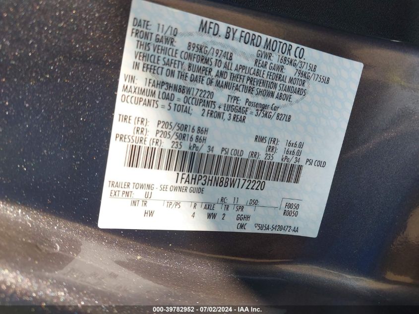 2011 Ford Focus Sel VIN: 1FAHP3HN8BW172220 Lot: 39782952