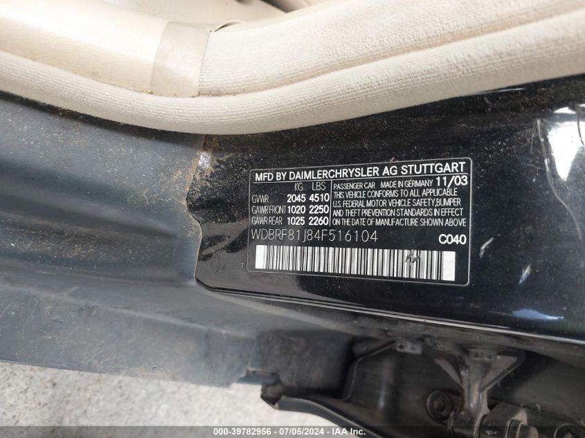 2004 Mercedes-Benz C 240 4Matic VIN: WDBRF81J84F516104 Lot: 39782956