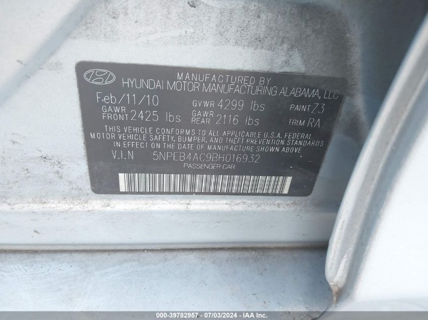 5NPEB4AC9BH016932 2011 Hyundai Sonata Gls