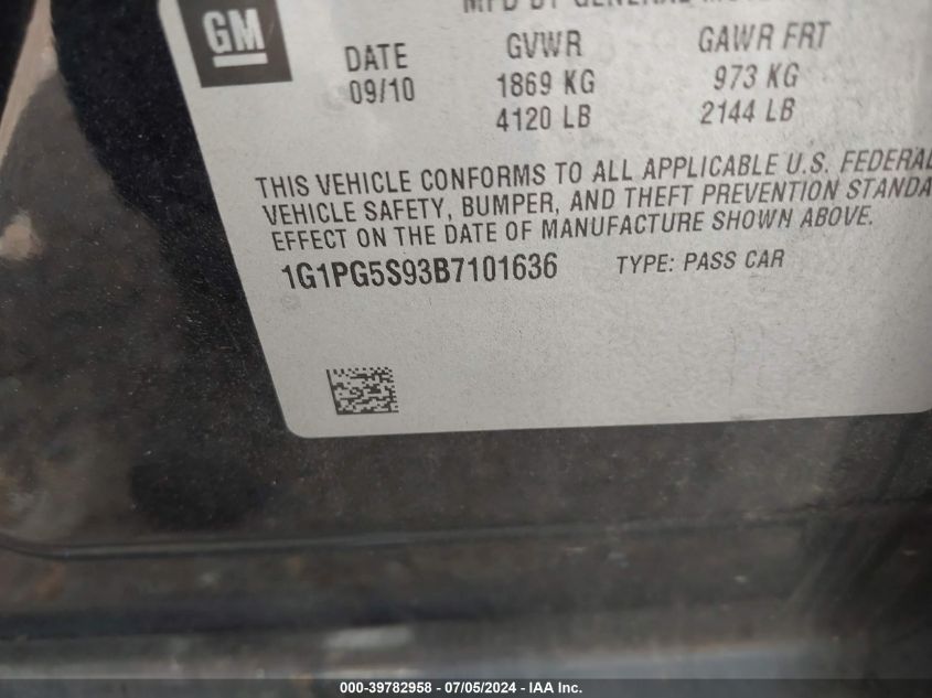 2011 Chevrolet Cruze 2Lt VIN: 1G1PG5S93B7101636 Lot: 39782958