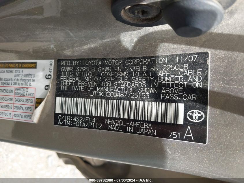 2008 Toyota Prius VIN: JTDKB20U487725153 Lot: 39782980