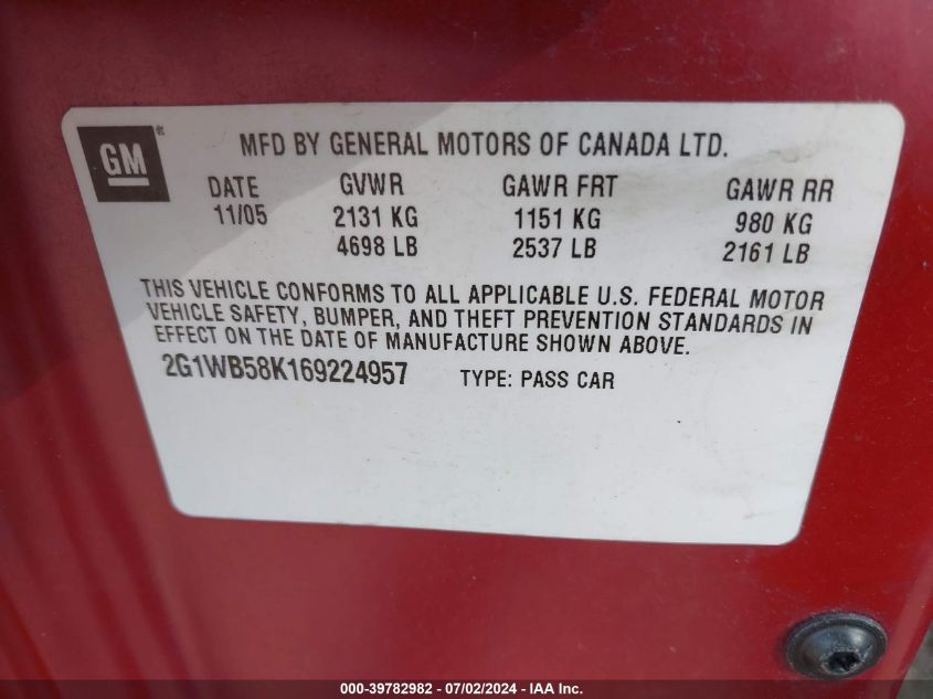 2006 Chevrolet Impala Ls VIN: 2G1WB58K169224957 Lot: 39782982