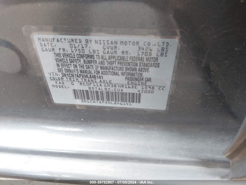 2017 Nissan Versa 1.6 Sv VIN: 3N1CN7APXHL846141 Lot: 39782987