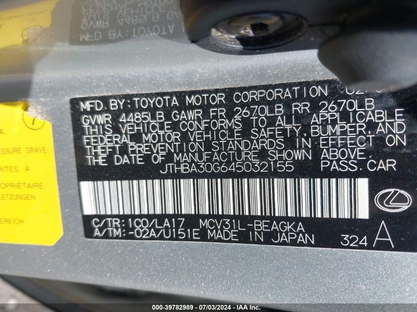 2004 Lexus Es 330 VIN: JTHBA30G645032155 Lot: 39782989