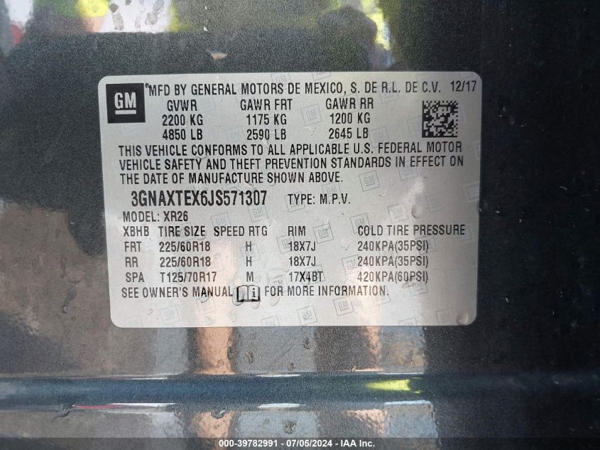 2018 Chevrolet Equinox Lt VIN: 3GNAXTEX6JS571307 Lot: 39782991