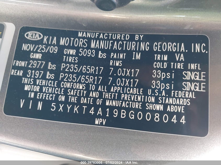 2011 Kia Sorento Lx VIN: 5XYKT4A19BG008044 Lot: 39783005