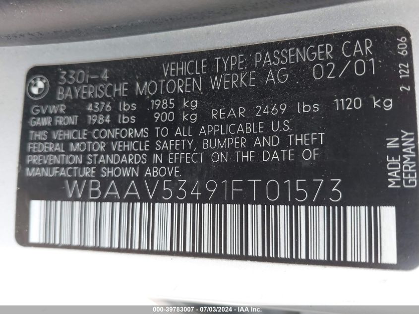 2001 BMW 330I VIN: WBAAV53491FT01573 Lot: 39783007