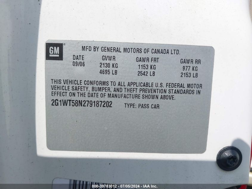 2007 Chevrolet Impala Lt VIN: 2G1WT58N279187202 Lot: 39783012